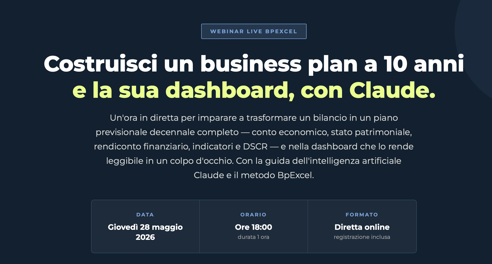 Webinar “Dashboard – Business plan 10 anni”